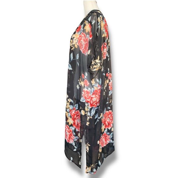 Band of Gypsies Black Sheer Red Floral Kimono Duster Swim Cover Up Short Sleeve - Picture 4 of 12